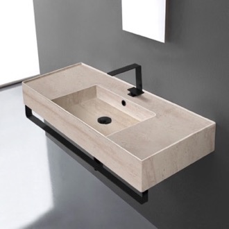 Bathroom Sink Beige Travertine Design Ceramic Wall Mounted Sink With Matte Black Towel Bar Scarabeo 5124-E-TB-BLK